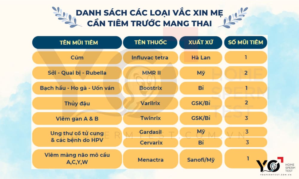 Các loại mũi tiêm trước khi mang thai